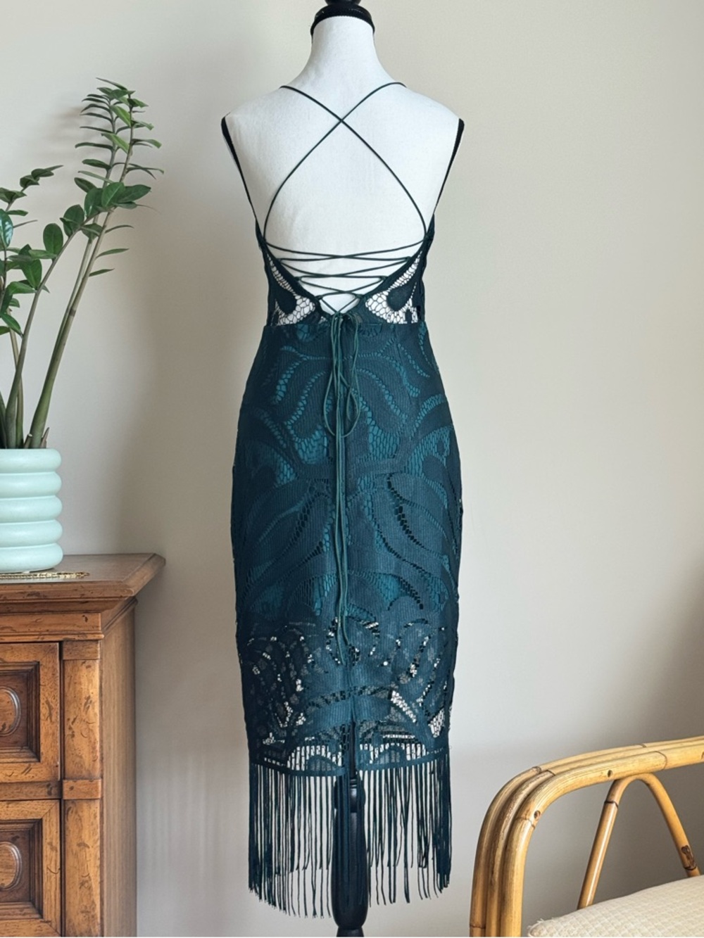 🔹 Sleeveless Teal Lace Fringe Midi Dress Size 4 - Picture 6 of 7